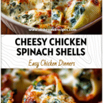 Baked Chicken Spinach Stuffed Shells topped with melted cheese and spinach filling in a casserole dish